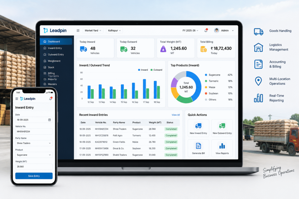 Goods handling and logistics management ERP dashboard showing inward and outward operations, accounting, billing, multi-location management, and real-time reports.
