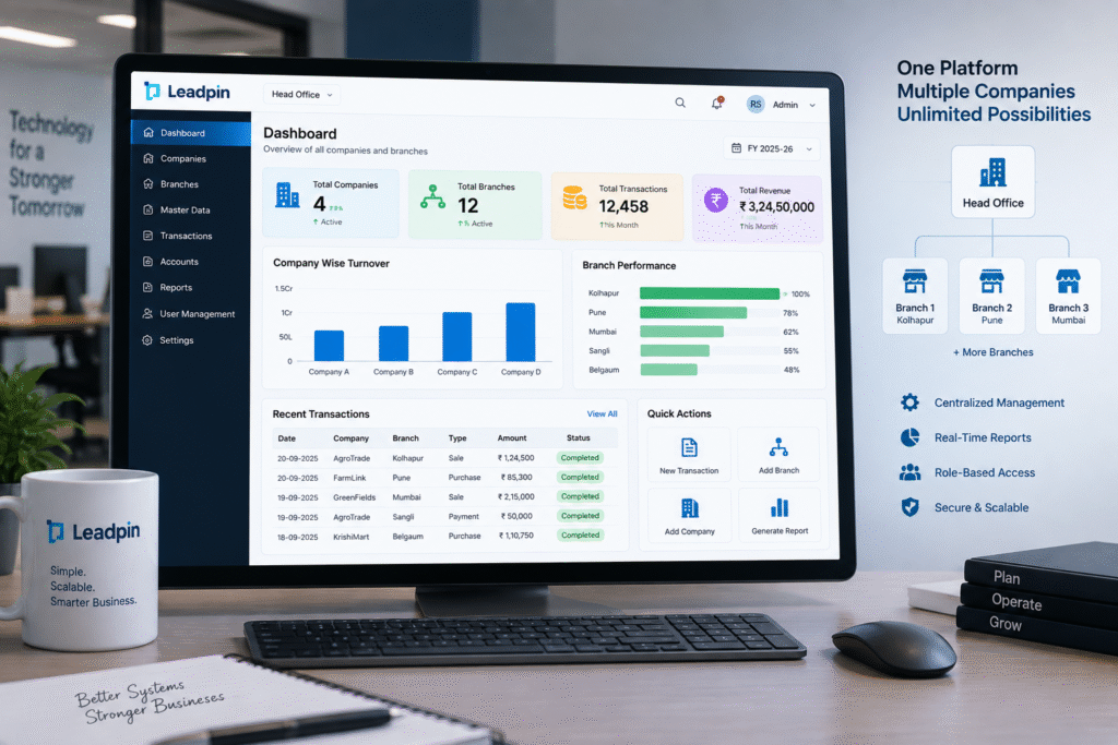 Multi-company and multi-branch ERP dashboard with centralized accounting and reporting