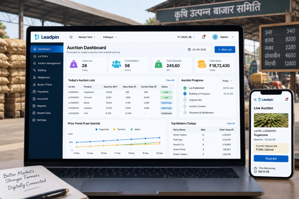 Auction and market management platform with lot tracking, live bidding, transactions and reports