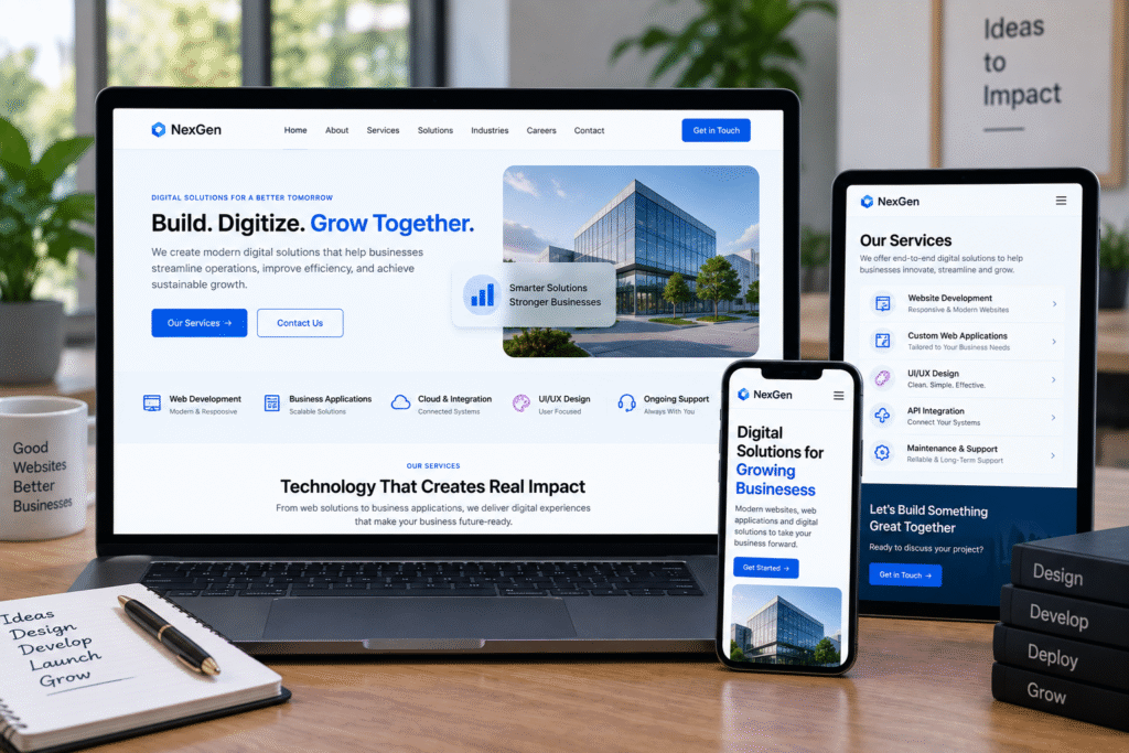 Responsive corporate website displayed across laptop, tablet and smartphone
